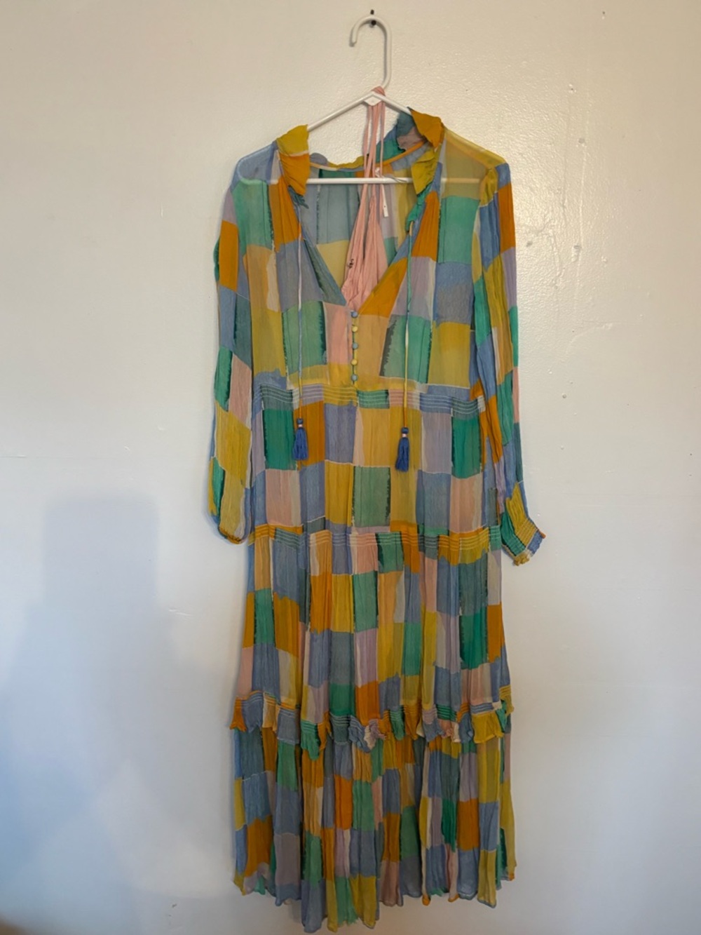Anthropologie Colorblock Patchwork Maxi Dress in Yellow, Green & Blue